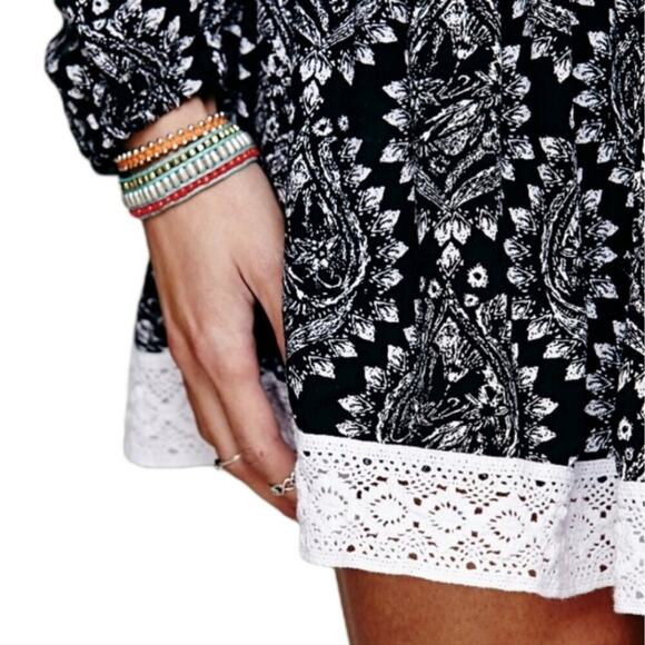 Free People Floral Off Shoulder Mini Dress Small Black Crochet Mini Cottage Boho - Picture 10 of 13